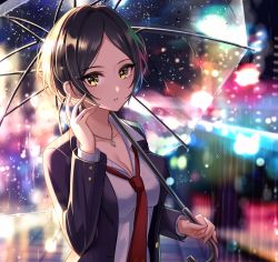 Rule 34 | 1girl, black hair, blurry, blurry background, blush, breasts, city lights, cleavage, collarbone, collared shirt, earrings, hand up, hayami kanade, highres, holding, holding umbrella, idolmaster, idolmaster cinderella girls, jacket, jewelry, long sleeves, looking at viewer, mairo, medium breasts, necklace, necktie, open clothes, open jacket, open mouth, outdoors, parted bangs, rain, red necktie, shirt, short hair, solo, umbrella, white shirt, yellow eyes