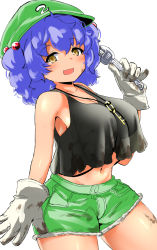 Rule 34 | 1girl, akure ekuto, alternate costume, bare shoulders, blue hair, breasts, brown eyes, cowboy shot, crop top, crop top overhang, dirty, dirty clothes, gloves, green hat, green shorts, hair bobbles, hair ornament, hat, highres, holding, kawashiro nitori, key, large breasts, looking at viewer, medium hair, midriff, navel, open mouth, see-through, short shorts, shorts, simple background, sleeveless, solo, tank top, touhou, wet, white background, white gloves, wrench