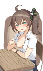 Rule 34 | 1girl, :p, absurdres, bandaid, bandaids on nipples, black ribbon, black skirt, blue eyes, breasts, brown background, brown hair, chair, closed mouth, collarbone, desk, flashing, hair ribbon, half-closed eyes, harry (dudwofla), highres, hololive, looking at viewer, medium breasts, natsuiro matsuri, no bra, open clothes, pasties, pleated skirt, ribbon, school chair, school desk, shirt, short sleeves, side ponytail, sitting, skirt, smile, solo, summer uniform, tongue, tongue out, virtual youtuber, white background, white shirt
