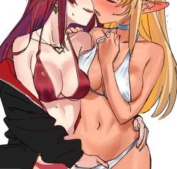 Rule 34 | 2girls, arm around waist, bikini, black jacket, blonde hair, blush, breasts, cleavage, closed eyes, collarbone, commentary, commentary request, dark-skinned female, dark skin, fingering, hand under clothes, heart, heart necklace, highres, hololive, houshou marine, houshou marine (summer), jacket, jewelry, long hair, long sleeves, lower teeth only, medium breasts, multiple girls, necklace, off shoulder, pointy ears, red bikini, red hair, shiranui flare, simple background, sweat, swimsuit, symbol-only commentary, teeth, upper teeth only, virtual youtuber, white bikini, yomosaka, yuri