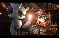 Rule 34 | 1boy, 1girl, amy rose, black sclera, blue eyes, colored sclera, commentary, cosplay, english commentary, eve (wall-e), furry, furry female, goggles, green eyes, highres, indoors, light bulb, metal sonic, metamiie, own hands together, robot, sonic (series), wall-e, wall-e (character), wall-e (character) (cosplay)