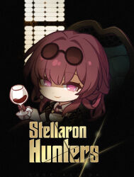 Rule 34 | 1girl, chair, chibi, chinese commentary, coat, coat on shoulders, cup, drinking glass, english text, eyewear on head, gloves, highres, holding, holding cup, honkai: star rail, honkai (series), kafka (honkai: star rail), looking at viewer, official art, parody, ponytail, poster (medium), purple eyes, purple gloves, purple hair, shirt, sitting, smile, solo, the godfather, upper body, white shirt, white sleeves, window, wine glass