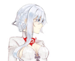 Rule 34 | 1girl, blue eyes, breasts, cleavage, closed mouth, dress, hair between eyes, long hair, long sleeves, looking to the side, portrait, rico tta, simple background, sinoalice, snow white (sinoalice), solo, white background, white dress, white hair
