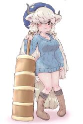 Rule 34 | 1girl, beret, black horns, blue sweater, blush, boots, breasts, brown eyes, butter churn, cleavage, dress, extra ears, grey horns, hair over one eye, hat, highres, horns, k (susiinochi24), kemono friends, kemono friends 3, large breasts, long hair, looking at viewer, multicolored horns, ox ears, ox girl, ox horns, ox tail, solo, sweater, sweater dress, twintails, white hair, yak (kemono friends)