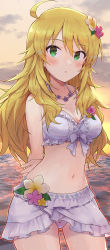 Rule 34 | 1girl, :o, absurdres, ahoge, arms behind back, backlighting, bare shoulders, bikini, bikini skirt, blonde hair, blush, breasts, cleavage, commission, cowboy shot, flower, flower necklace, frilled bikini, frills, gluteal fold, green eyes, hair flower, hair ornament, highres, hoshii miki, idolmaster, idolmaster (classic), idolmaster million live!, jewelry, looking at viewer, medium breasts, navel, necklace, ocean, parted lips, pixiv commission, shuucream (syuichi), sky, solo, stomach, sunlight, swimsuit, twilight, water, white bikini, yellow sky