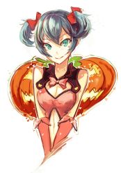 Rule 34 | 1girl, aqua eyes, aqua hair, bare shoulders, bow, breasts, center opening, cleavage, cleavage cutout, clothing cutout, hair bow, halloween, hatsune miku, heart hunter, highres, jack-o&#039;-lantern, medium breasts, navel, navel cutout, project diva, project diva (series), pumpkin, short hair, short twintails, smile, softmode, solo, twintails, upper body, v arms, vocaloid