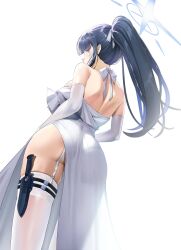 Rule 34 | 1girl, ass, back, bare shoulders, black hair, blue archive, blue eyes, blue hair, choker, colored inner hair, dress, elbow gloves, garter straps, gloves, gluteal fold, highres, looking at viewer, lp, multicolored hair, official alternate costume, ponytail, saori (blue archive), saori (dress) (blue archive), simple background, solo, strapless, strapless dress, thighhighs, thighs, white thighhighs