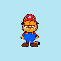 Rule 34 | absurdres, blue background, brown eyes, brown footwear, cat, chris pratt, cosplay, garfield, garfield (character), highres, looking at viewer, mario, mario (cosplay), mario (series), mimiipyon, nintendo, no humans, overalls, red headwear, solo, the super mario bros. movie, tail, the super mario bros. movie, voice actor connection
