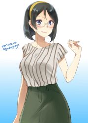 Rule 34 | 1girl, alternate costume, black hair, blouse, commentary request, cowboy shot, dated, glasses, gradient background, green-framed eyewear, green background, green skirt, grey shirt, hairband, highres, johssnny, kantai collection, kirishima (kancolle), looking at viewer, one-hour drawing challenge, shirt, short hair, skirt, smile, solo, striped clothes, striped shirt, twitter username, white background, yellow hairband