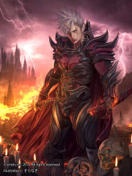 Rule 34 | 1boy, armor, bahamut crisis, candle, cape, castle, company name, dated, facial tattoo, flaming sword, flaming weapon, gauntlets, holding, holding sword, holding weapon, horns, katana, lightning, looking at viewer, male focus, official art, outdoors, pile of skulls, pink sky, red cape, sheath, silver hair, single horn, skull, sky, solo, suranaki, sword, tattoo, watermark, weapon