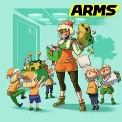 Rule 34 | 6+girls, aqua background, arms (game), beanie, blonde hair, bob cut, dragon (arms), full body, gift, green eyes, green footwear, hat, highres, leggings under shorts, logo, mask, merchandise, min min (arms), multiple girls, nintendo, official art, pantyhose, shikishi, shoes, shorts, simple background, sneakers, stuffed toy, surrounded, tree, yamamoto yuu