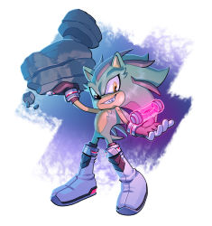 Rule 34 | 1boy, absurdres, boots, bracelet, capsule, crystal, evan stanley, fang, floating, floating object, furry, furry male, gloves, glowing, glowing crystal, highres, holding, holding rock, jewelry, light, looking to the side, male focus, multicolored fur, rock, shoes, smirk, solo, sonic (series), topless male, yellow eyes