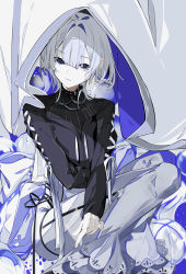 Rule 34 | 1girl, absurdres, androgynous, bell-bottoms, black shirt, closed mouth, facing viewer, grey background, grey hair, highres, hood, long sleeves, looking to the side, original, pale skin, pants, shirt, short hair, sitting, solo, yonemuro