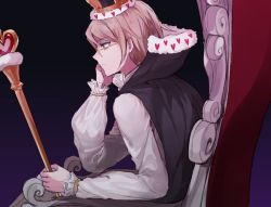 Rule 34 | 16 (0xhsk16), 1boy, alternate costume, arm support, black background, blonde hair, brown hair, commentary request, crown, danganronpa: trigger happy havoc, danganronpa (series), from side, frown, glasses, gradient background, heart, heart print, highres, holding, king, long sleeves, male focus, profile, puffy sleeves, purple background, royal robe, scepter, shirt, short hair, sitting, solo, throne, togami byakuya, upper body, white shirt