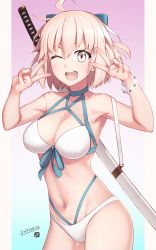Rule 34 | 1girl, ;d, ahoge, armpits, arms up, bare shoulders, bikini, blonde hair, blue background, blue ribbon, blush, bracelet, breasts, brown eyes, cleavage, commentary request, cowboy shot, dated, double v, fate/grand order, fate (series), front-tie bikini top, front-tie top, gradient background, highres, jewelry, looking at viewer, medium breasts, mku, navel, okita j. souji (fate), okita j. souji (third ascension) (fate), okita souji (fate), okita souji (koha-ace), one eye closed, open mouth, pink background, ribbon, round teeth, sheath, sheathed, short hair, smile, solo, stomach, swimsuit, sword, tareme, teeth, upper teeth only, v, weapon, weapon on back, white bikini