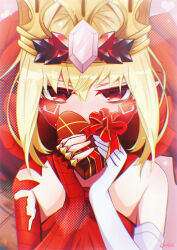 Rule 34 | 1girl, bare shoulders, blonde hair, blush, box, braid, breasts, crown, dragon tail, dress, elbow gloves, facial mark, fate/grand order, fate (series), french braid, gift, gift box, gloves, hair bun, hair intakes, heart-shaped box, highres, long hair, looking at viewer, nero claudius (fate), nero claudius (fate) (all), pointy ears, queen draco (fate), queen draco (first ascension) (fate), red dress, red eyes, scales, shiushiu kurauneru plus, single glove, small breasts, solo, tail, valentine, white gloves