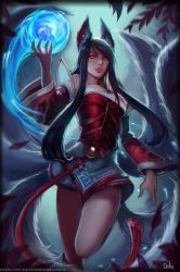 Rule 34 | 1girl, absurdres, ahri (league of legends), animal ears, black hair, breasts, detached sleeves, distr, facial mark, fox ears, fox tail, hand up, highres, large breasts, league of legends, long hair, long sleeves, looking at viewer, magic, multiple tails, orange eyes, parted lips, solo, standing, standing on one leg, tail