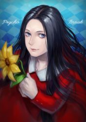 Rule 34 | 1girl, black hair, blue eyes, dress, flower, kizdollark, laura (the evil within), laura victoriano, red dress, solo, the evil within