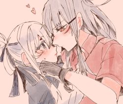 Rule 34 | 2girls, ainu clothes, blue eyes, blush, closed mouth, facial scar, gangut (kancolle), grey hair, hair between eyes, hair ornament, hairclip, headband, heart, itomugi-kun, japanese clothes, kamoi (kancolle), kantai collection, kimono, long hair, looking at another, multiple girls, pink background, ponytail, red eyes, red shirt, scar, scar on cheek, scar on face, shirt, simple background, yuri