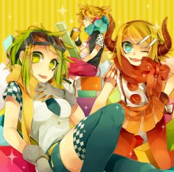 Rule 34 | 1boy, 2girls, blonde hair, blue eyes, blue scarf, blue thighhighs, breasts, buttons, colorful, cup, disposable cup, drink, fang, gloves, goggles, goggles on head, green eyes, green hair, gumi, hair ornament, hairclip, haru (oomr005), headphones, horns, kagamine len, kagamine rin, multiple girls, necktie, one eye closed, open mouth, orange legwear, pantyhose, red scarf, scarf, short sleeves, shorts, skirt, sparkle, striped, striped background, thighhighs, tongue, vocaloid, yellow background, yellow scarf