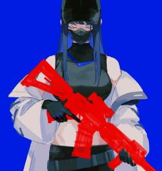 Rule 34 | 1girl, assault rifle, black gloves, blue archive, blue background, blue eyes, blue hair, breasts, gloves, gun, hat, highres, holding, holding gun, holding weapon, kawatiw, long hair, looking at viewer, mask, midriff, mouth mask, off shoulder, rifle, saori (blue archive), simple background, solo, weapon