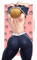 Rule 34 | 1girl, arms up, artist name, ass, backboob, black pants, black sports bra, blonde hair, border, breasts, cammy white, clothes lift, commentary, contrapposto, english commentary, fingernails, from behind, highres, lifted by self, luxpineapple, nail polish, pants, paw print, paw print background, pink background, red nails, short hair, shoulder blades, sideboob, skin tight, solo, sports bra, sports bra lift, street fighter, street fighter 6, thick thighs, thighs, tight clothes, tight pants, undressing, white border, yoga pants