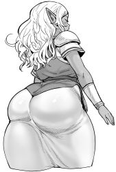 Rule 34 | 1girl, armor, ass, circlet, commentary request, cosplay, dark skin, dark-skinned female, dress, elf-san wa yaserarenai., closed eyes, from behind, greyscale, highres, huge ass, kuroeda-san, long hair, mole, mole under eye, monochrome, nintendo, pauldrons, pointy ears, princess zelda, princess zelda (cosplay), shoulder armor, simple background, solo, synecdoche, the legend of zelda, the legend of zelda: a link between worlds, thick thighs, thighs, tight dress, white background