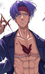 Rule 34 | 1boy, abs, absurdres, blood, headband, highres, jacket, looking at viewer, male focus, nico vorgeil, open clothes, open jacket, pectorals, purple eyes, purple hair, purple jacket, red headband, shishiruto, short hair, simple background, solo, toned, toned male, undead unluck, white background