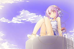 Rule 34 | 1girl, alternate costume, bare arms, bare legs, bare shoulders, barefoot, blue sky, casual, chemise, cloud, collarbone, contemporary, day, hair ribbon, hassai, heart, highres, knees together feet apart, komeiji satori, miniskirt, panties, pantyshot, pink eyes, pink hair, ribbon, shirt, sitting, skirt, sky, sleeveless, sleeveless shirt, smile, solo, striped clothes, striped panties, third eye, touhou, underwear, upskirt