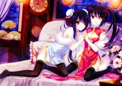 Rule 34 | 10s, 2girls, absurdres, bare shoulders, bed, bed sheet, black hair, breasts, china dress, chinese clothes, clock, clock eyes, date a live, dress, dual persona, hand fan, feet, flower, gururu, hair over one eye, hairband, holding hands, highres, lantern, legs, long hair, looking at viewer, miniskirt, multiple girls, no shoes, on bed, open mouth, paper fan, pillow, red eyes, ribbon, sitting, skirt, small breasts, smile, symbol-shaped pupils, thighhighs, thighs, tokisaki kurumi, twintails, very long hair, wariza