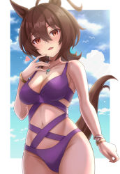 Rule 34 | 1girl, agnes tachyon (umamusume), ahoge, animal ears, blue sky, bracelet, breasts, brown hair, casual one-piece swimsuit, cloud, commentary request, cowboy shot, hair between eyes, highres, horse ears, horse girl, horse tail, jewelry, looking at viewer, medium breasts, messy hair, navel, one-piece swimsuit, purple one-piece swimsuit, seiji (artman), short hair, sky, solo, swimsuit, tail, umamusume
