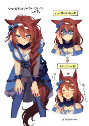 Rule 34 | 1girl, ^ ^, absurdres, animal ears, arrow (symbol), bag, bandana, bare shoulders, blue thighhighs, blush, braid, braided ponytail, breasts, brown hair, cleavage, closed eyes, commentary request, detached sleeves, dress, emil1030 blue, handbag, hands on own knees, highres, horse ears, horse girl, horse tail, large breasts, leaning forward, long hair, looking at viewer, multiple views, open mouth, shoulder bag, smile, super creek (umamusume), sweat, tail, thighhighs, translated, turn pale, twitter username, umamusume, wrist cuffs