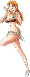 Rule 34 | 1girl, bikini, breasts, brown eyes, cleavage, earrings, full body, jewelry, large breasts, legs, long hair, looking at viewer, matching hair/eyes, miniskirt, nami (one piece), navel, one piece, open mouth, orange eyes, orange hair, running, skirt, smile, solo, swimsuit, tattoo