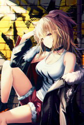 Rule 34 | 1girl, absurdres, animal ears, arknights, black jacket, blonde hair, breasts, chromatic aberration, cleavage, closed mouth, collar, denim, denim shorts, fur trim, hand up, highres, huge filesize, hyangu, jacket, large breasts, light smile, lion ears, lion girl, long sleeves, looking at viewer, ponytail, red shorts, shirt, short hair, shorts, siege (arknights), sitting, solo, unzipped, white shirt, yellow eyes, zipper