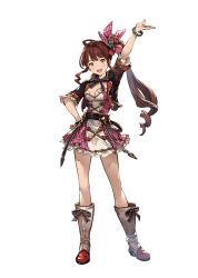 Rule 34 | 10s, 1girl, arms up, bow, bracelet, brown eyes, brown hair, detached sleeves, diantha (granblue fantasy), dress, frills, full body, granblue fantasy, hair ornament, hand on own hip, jacket, jewelry, looking at viewer, matching hair/eyes, minaba hideo, official art, open mouth, ponytail, ribbon, short dress, short sleeves, solo, standing, transparent background, white background