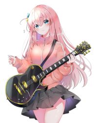 Rule 34 | 1girl, black skirt, blue eyes, blush, bocchi the rock!, closed mouth, crossed bangs, cube hair ornament, electric guitar, flying sweatdrops, gibson les paul, gotoh hitori, guitar, hair between eyes, hair ornament, highres, holding, holding instrument, holding plectrum, instrument, jacket, long hair, long sleeves, looking at viewer, one side up, pink hair, pink jacket, pleated skirt, plectrum, simple background, skirt, solo, thighs, track jacket, white background, yuanagae
