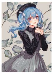 Rule 34 | 1girl, alternate costume, asymmetrical hair, beret, black hat, black shirt, blue eyes, blue hair, blush, breasts, chocoan, cowboy shot, dress, grey background, grey dress, hair between eyes, hair ribbon, hat, highres, hololive, hoshimachi suisei, leaf, light blue hair, long sleeves, looking at viewer, medium hair, open mouth, own hands together, ribbon, shirt, side ponytail, simple background, small breasts, smile, solo, star (symbol), star in eye, striped clothes, striped dress, symbol in eye, vertical-striped clothes, vertical-striped dress, virtual youtuber