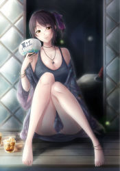 Rule 34 | 1girl, anklet, bare shoulders, barefoot, black hair, blush, breasts, cleavage, drink, hand fan, feet, female focus, full body, hair ribbon, jewelry, kuroe hikage, large breasts, long hair, looking at viewer, original, paper fan, porch, ribbon, sitting, smile, solo, uchiwa, uro (uroboros)