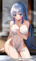 Rule 34 | 1girl, ayaka (genshin impact), bare shoulders, bathing, blue eyes, blue hair, blunt bangs, blush, breasts, cleavage, collarbone, covering privates, genshin impact, harimoji, highres, large breasts, light blue hair, long hair, looking at viewer, naked towel, nude cover, onsen, ponytail, sidelocks, sitting, smile, solo, steam, thighs, towel, wet