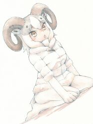 Rule 34 | 1girl, absurdres, animal ears, blush, coat, commentary request, dall sheep (kemono friends), elbow gloves, fur trim, gloves, highres, horns, kemono friends, kneeling, mtsu84, no shoes, open mouth, pantyhose, puffy coat, sheep ears, sheep girl, sheep horns, sheep tail, short hair, solo, tail, white coat, white fur, white gloves, white hair, white pantyhose, winter clothes, winter coat, yellow eyes