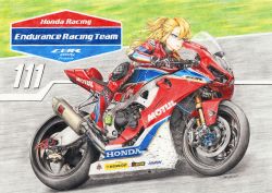 Rule 34 | 1girl, biker clothes, bikesuit, blonde hair, blue eyes, bodysuit, boots, colored pencil (medium), honda, motor vehicle, motorcycle, original, ponytail, red pond, thigh boots, thighhighs, traditional media