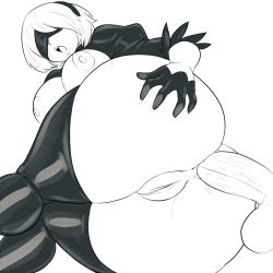 Rule 34 | 1boy, 1girl, anal, anus, ass grab, black thighhighs, blindfold, blush, breasts, curvy, grabbing own ass, hairband, hetero, huge breasts, lips, lying, mole, mole under mouth, monochrome, nier (series), nier:automata, nipples, on side, open mouth, penis, pussy, short hair, sketch, testicles, thecon, thick thighs, thighhighs, thighs, uncensored, white background, wide hips, 2b (nier:automata)