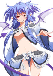 Rule 34 | 1girl, :q, babydoll, blue hair, breasts, demon girl, demon tail, demon wings, eichi yuu, fang, highres, looking at viewer, nail polish, navel, original, panties, pointy ears, red eyes, simple background, slit pupils, smile, solo, tail, tongue, tongue out, two side up, underboob, underwear, white background, wings