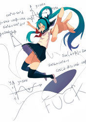 Rule 34 | 1girl, english text, closed eyes, female focus, fkey, green hair, hatsune miku, headphones, highres, long hair, math, outstretched arms, panties, pantyshot, pleated skirt, profanity, school uniform, serafuku, skirt, solo, spread arms, thighhighs, twintails, underwear, upskirt, very long hair, vocaloid, white background, white panties
