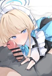 Rule 34 | 1boy, 1girl, blonde hair, blue archive, blue eyes, breasts, censored, erection, from above, grabbing, highres, medium breasts, mikozin, penis, penis grab, penis on face, pov, toki (blue archive), underwear