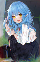 Rule 34 | 1girl, :d, absurdres, ahoge, alternate costume, blouse, blue hair, blush, colored tips, elf, full body, twirling hair, heart, heart ahoge, highres, hololive, huge filesize, kohe billialot, long hair, long sleeves, looking at viewer, multicolored hair, open mouth, pleated skirt, pointy ears, school uniform, see-through, see-through shirt, shirt, skirt, smile, solo, squatting, uniform, virtual youtuber, wet, wet clothes, white shirt, yellow eyes, yukihana lamy