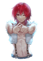 Rule 34 | 1boy, blue pants, closed mouth, commentary request, cracking knuckles, crop top, earrings, expressionless, jewelry, looking at viewer, male focus, medium hair, misuguu, multiple earrings, navel, open clothes, open shirt, pants, ragnarok online, red eyes, red hair, shirt, simple background, solo, stretching, suspenders, torn clothes, torn shirt, upper body, white background, white shirt, whitesmith (ragnarok online)