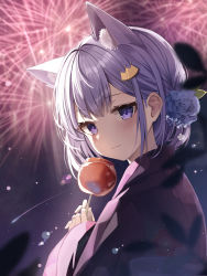 Rule 34 | 1girl, :3, absurdres, animal ear fluff, animal ears, blush, candy apple, cat ears, closed mouth, commentary request, fireworks, floral print, flower, food, from side, hair flower, hair ornament, highres, holding, holding food, japanese clothes, kimono, long sleeves, looking at viewer, looking to the side, nannung, night, night sky, original, outdoors, print kimono, purple eyes, purple flower, purple hair, purple kimono, short hair, sky, smile, solo, yukata