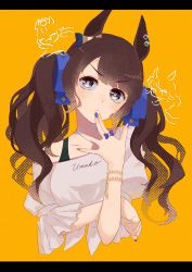 Rule 34 | 1girl, absurdres, animal ears, bracelet, breasts, brown hair, clenched hand, closed mouth, cropped torso, ear bar, frown, grey eyes, grey shirt, hand up, highres, horse ears, izu lemon, jewelry, letterboxed, long hair, looking at viewer, medium breasts, multicolored nails, nail polish, off-shoulder shirt, off shoulder, shirt, single bare shoulder, solo, tosen jordan (umamusume), twintails, umamusume, unmoving pattern, upper body, v-shaped eyebrows