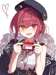 Rule 34 | 1girl, absurdres, beret, black hat, blush, breasts, earrings, fang, hat, heterochromia, highres, hololive, houshou marine, houshou marine (businesswoman), jewelry, looking at viewer, medium breasts, nishiki yuno, open mouth, red eyes, red hair, short hair, smile, solo, teeth, upper body, upper teeth only, virtual youtuber, white background, yellow eyes